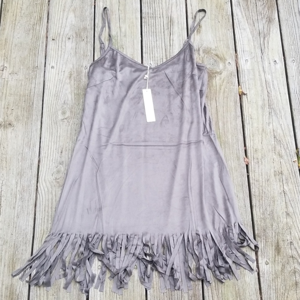 RELISTED Olive micro suede fringe mini dress - Picture 3 of 4